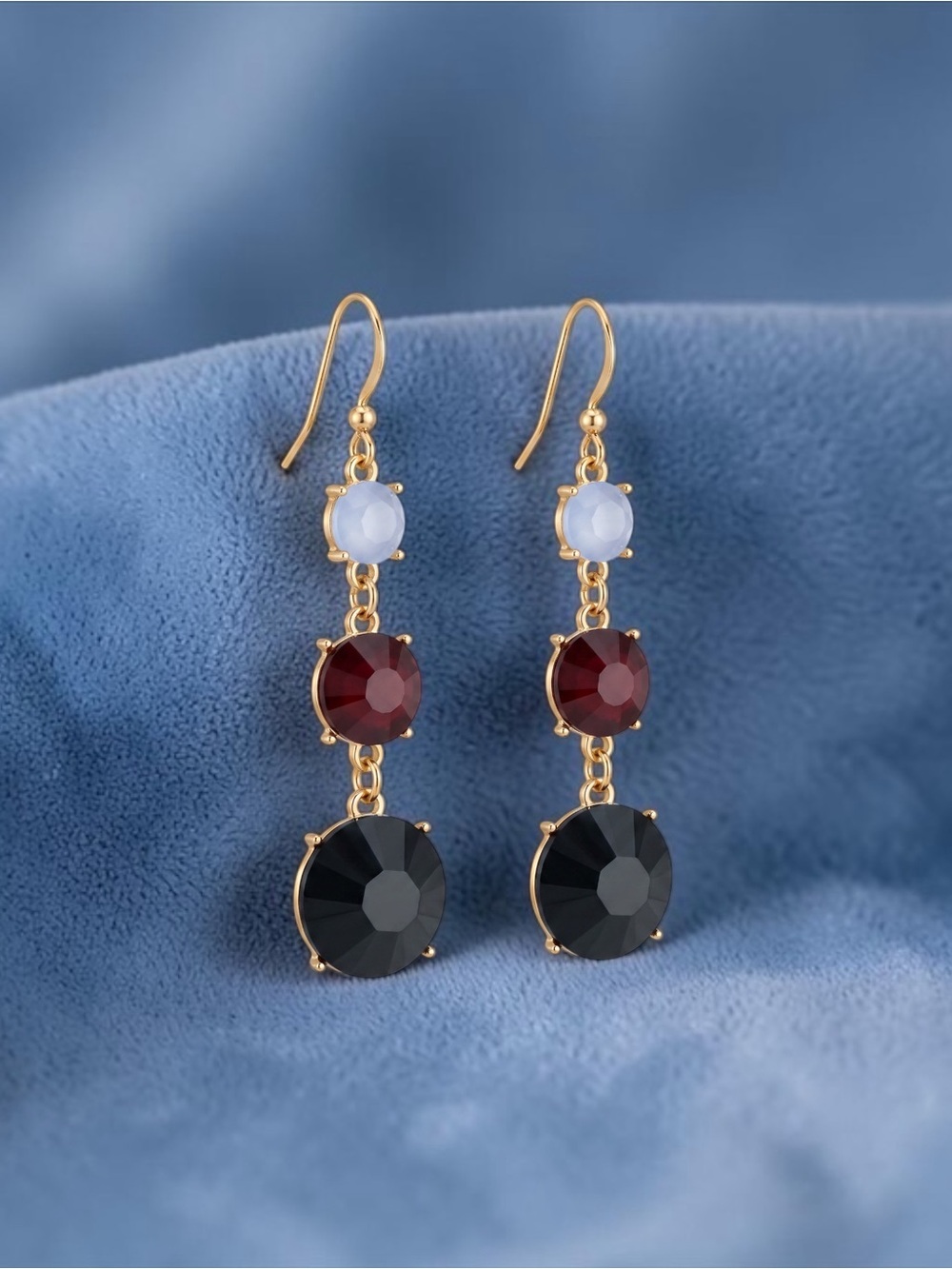 Gold-Tone Drop Earrings with Black, Red and Light Blue Stones